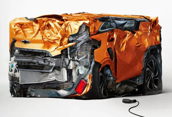 A photo illustration of a
                              metallic-orange car that has been crushed
                              into a rectangular shape. An
                              electric-vehicle charger lies unplugged on
                              the ground next to it; a Chevrolet emblem
                              is visible on its hood.